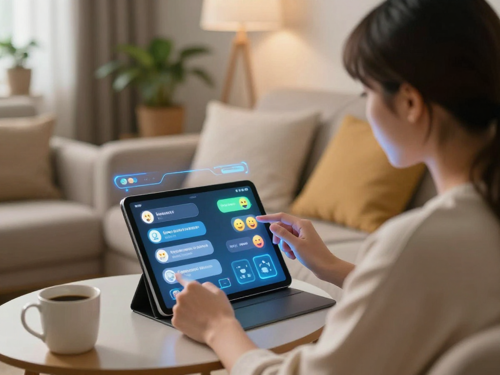 Engaging ai sex chat on a tablet in a cozy home setting with warm atmosphere.