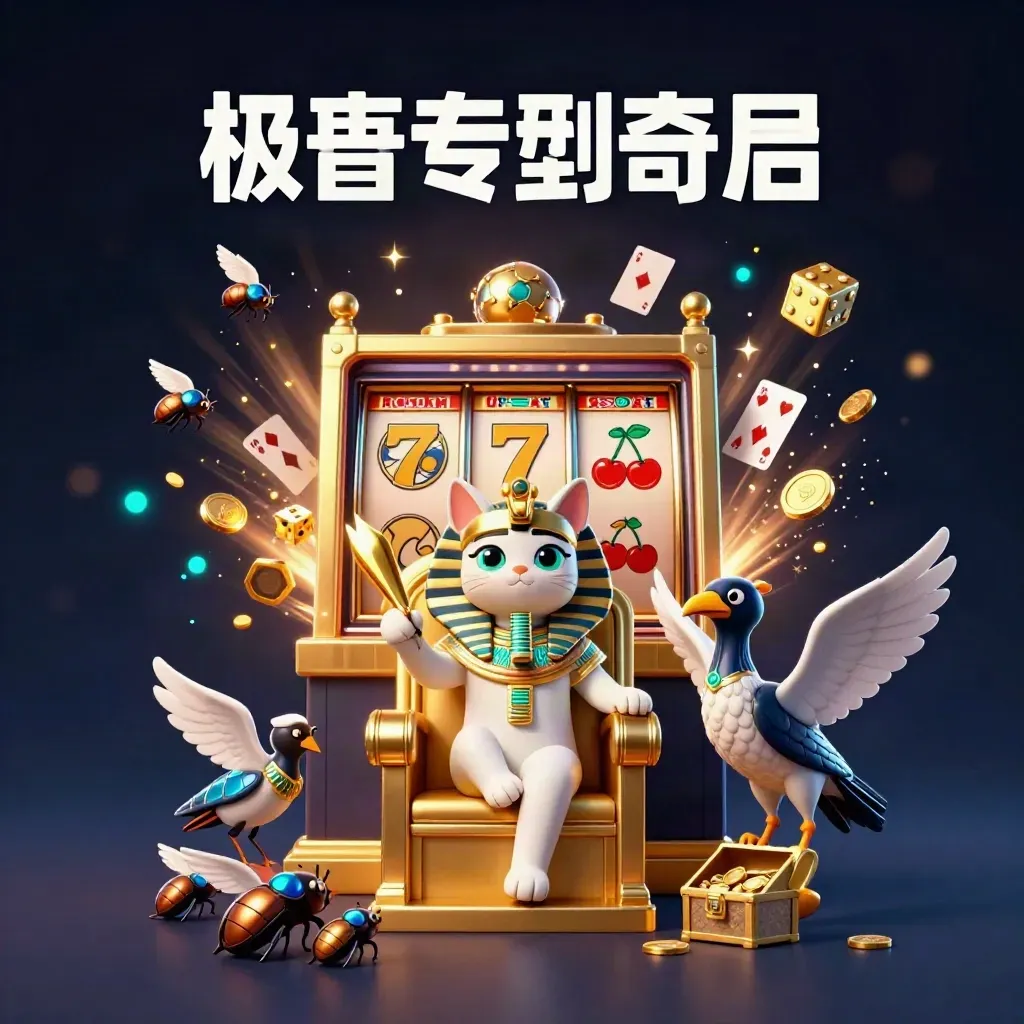 Pharaoh cat on throne with ibis scribe, scarabs, slots, gold and emerald casino glow.