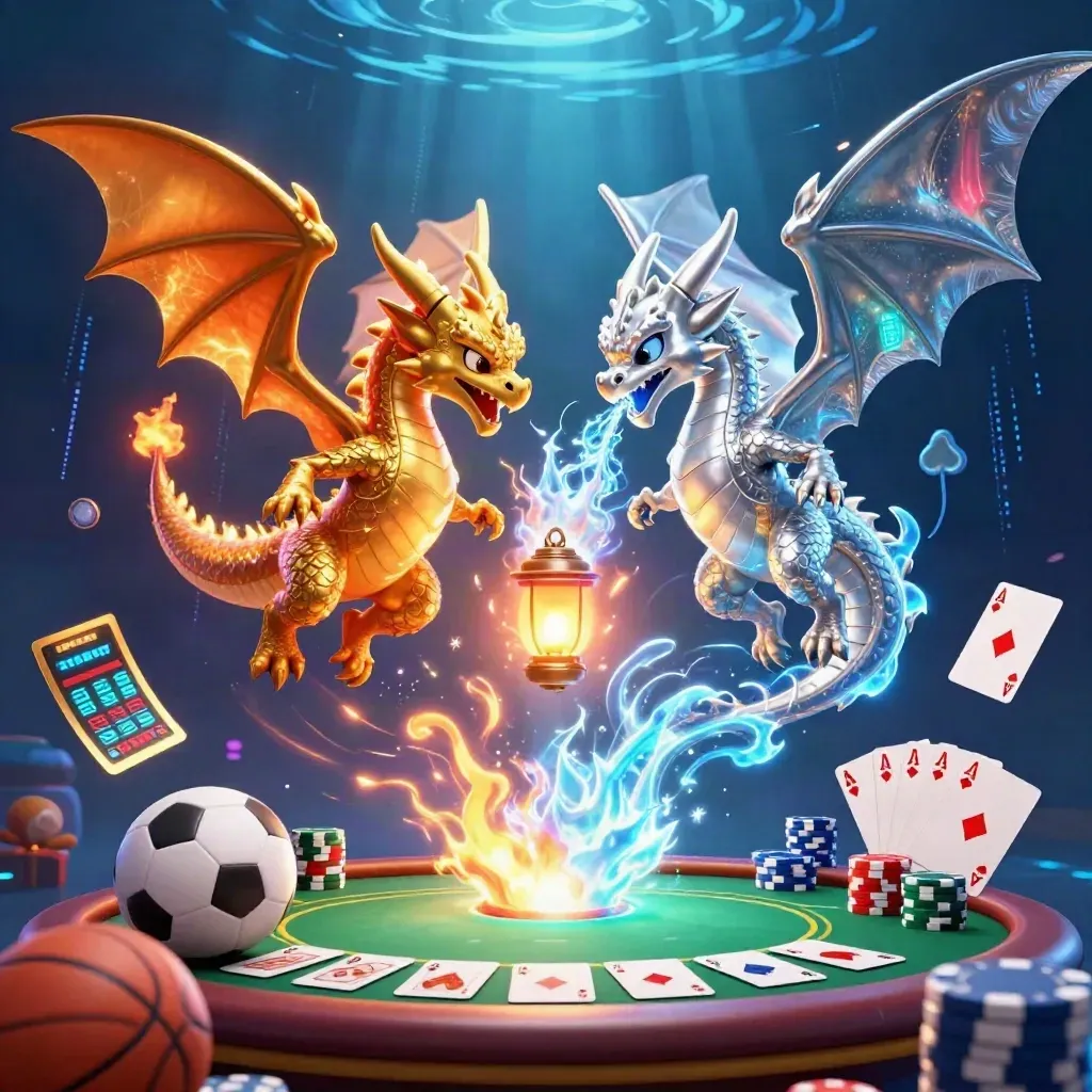Gold and silver dragons swirl above casino game elements in a dark neon ocean glow.