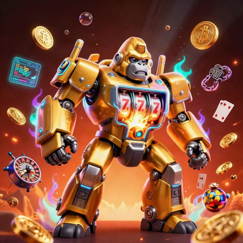 Golden gorilla mech with tiny monkey pilot amid glowing crypto coins, lightning, and casino treasures.