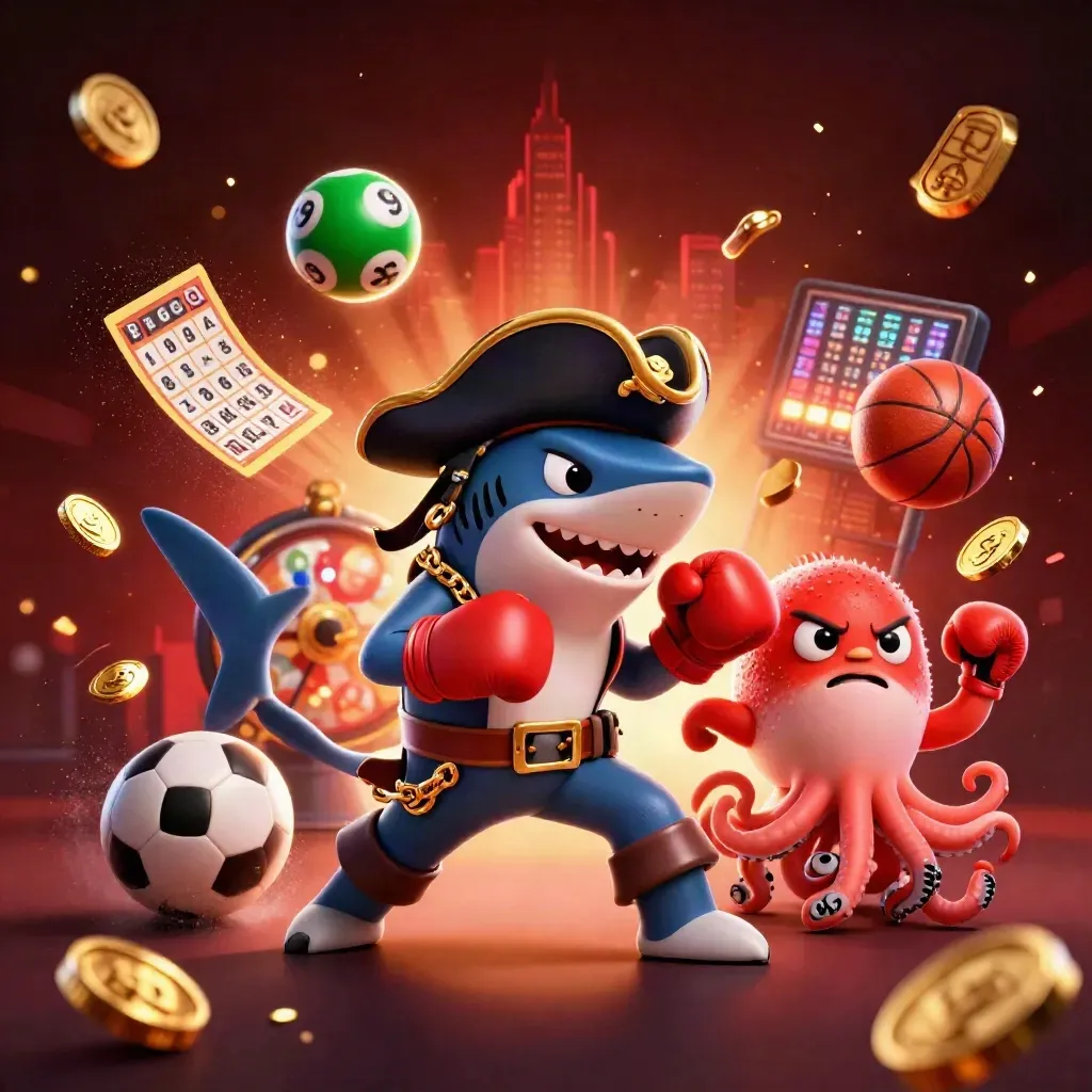Shark pirate, pufferfish boxer, and juggling octopus amid casino lights and coins