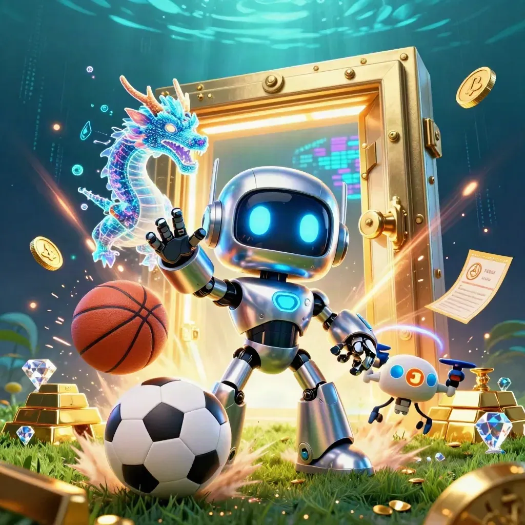 Cyberpunk robot, holographic dragon and drone burst from a treasure vault with sports balls and gold.