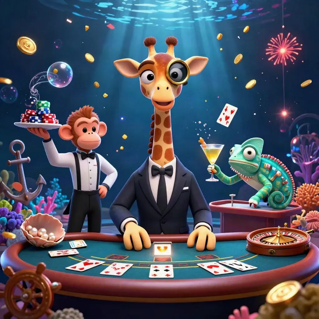 Giraffe, monkey and chameleon in an underwater casino grotto with coins, gems and chandelier glow.