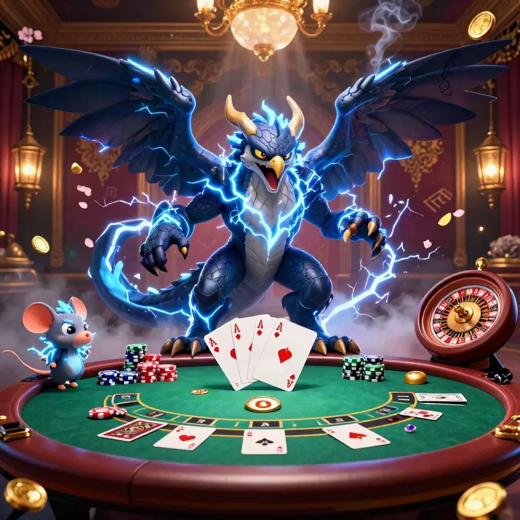 Thunder dragon, wind hawk and static mouse around a glowing casino table in a lavish dark room.