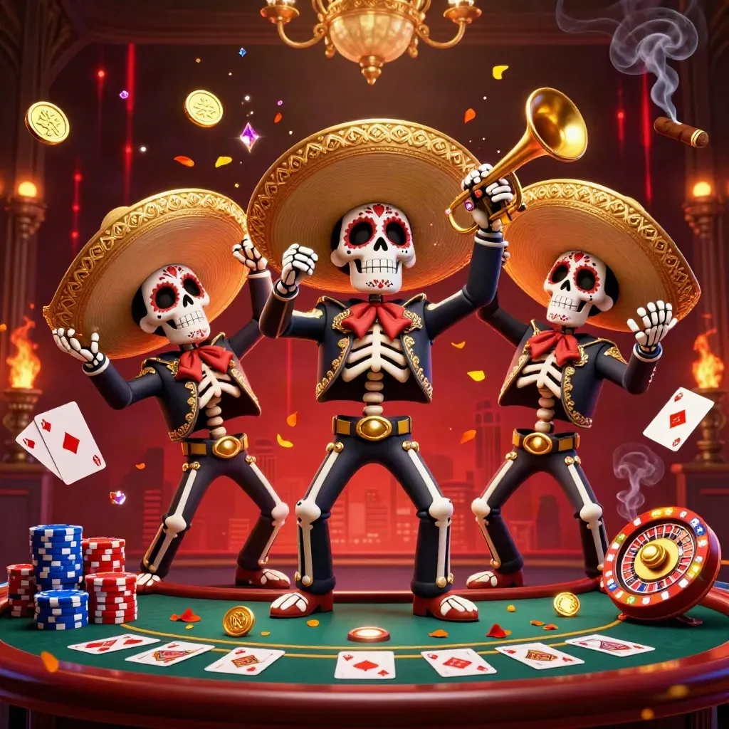 Day-of-the-Dead mariachi skeleton trio amid casino coins, cards, chips and glowing brass lights