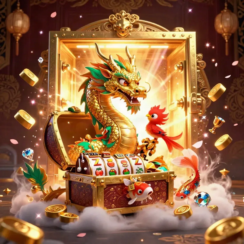 Golden dragon, phoenix, and koi bursting from a treasure vault with gems and slot symbols.