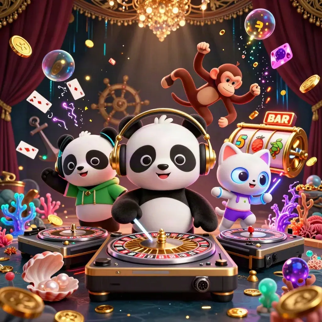 DJ panda, breakdancing monkey, and glow-stick kitten in a neon treasure cove