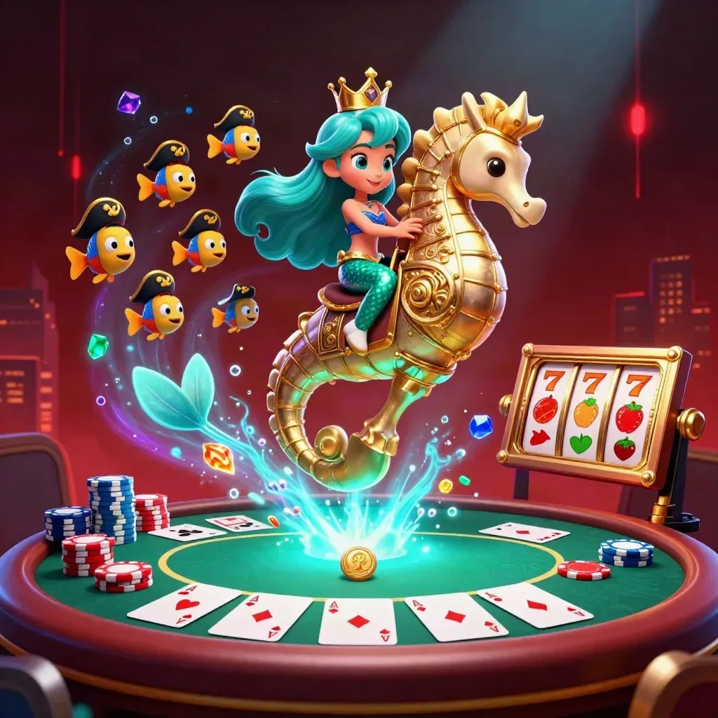 Mermaid princess rides an armored seahorse through neon casino treasure and flying cards.
