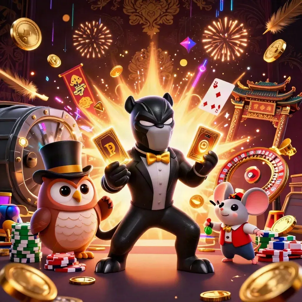 Panther, owl, and mouse amid bursting vault coins, fireworks, and casino props in luxe dark gold light.