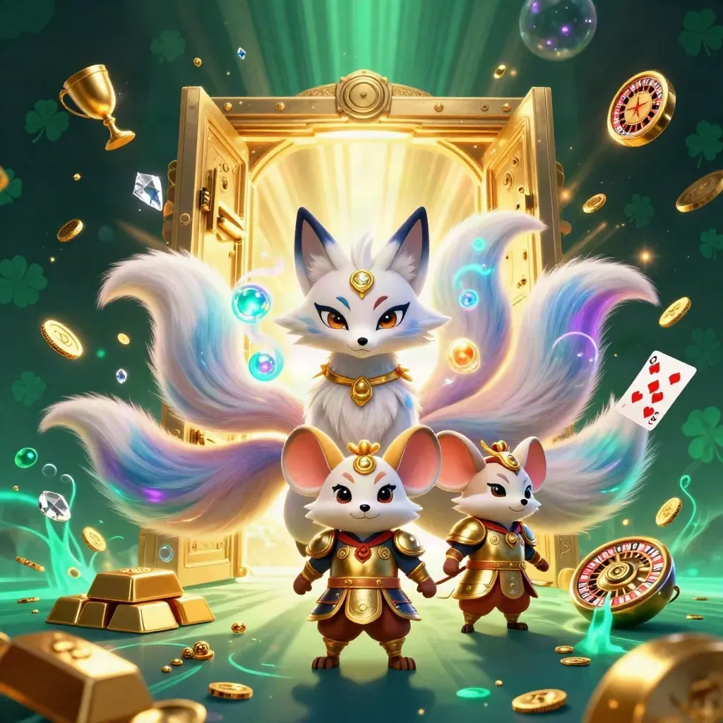 Nine-tailed fox spirit and gold-armoured mouse amid vault burst, coins, gems, and casino symbols.