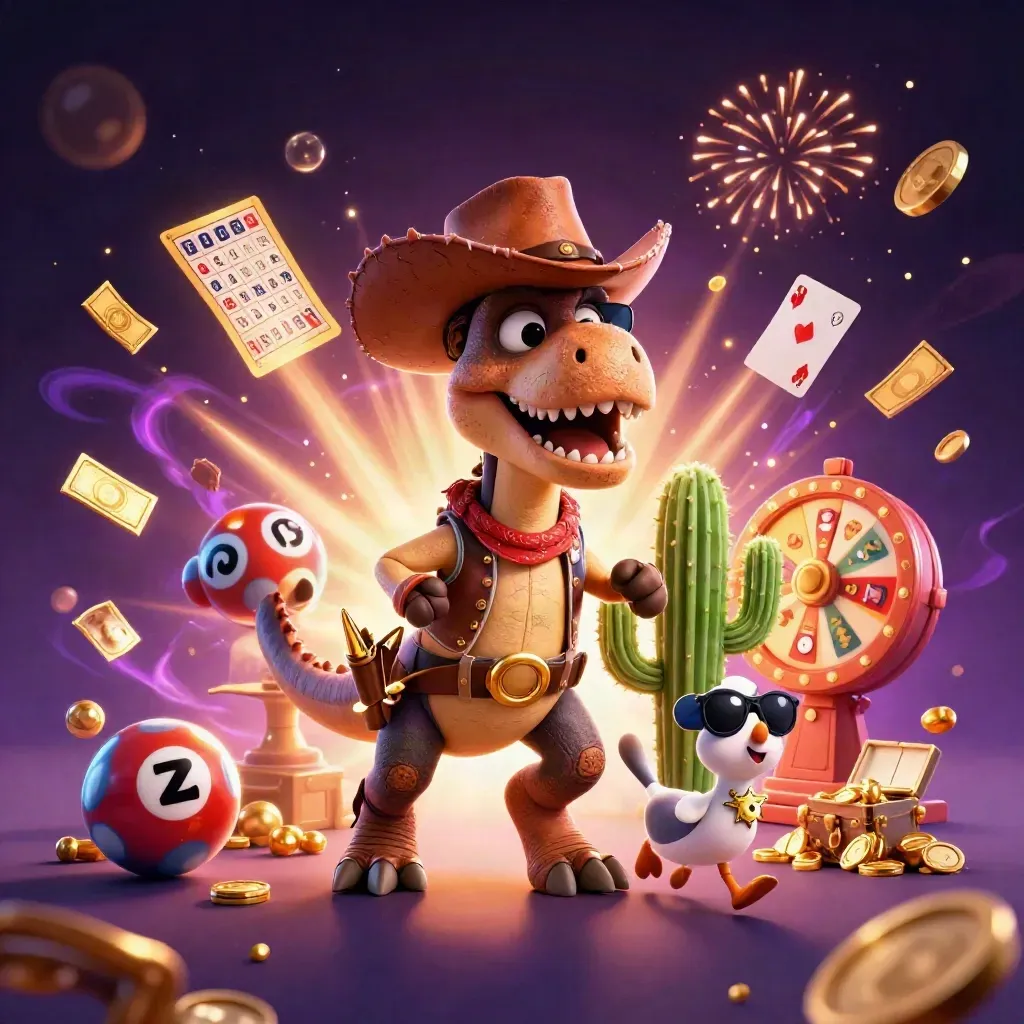 Cowboy T-Rex, cactus and roadrunner amid casino loot bursts on a dark neon sky.