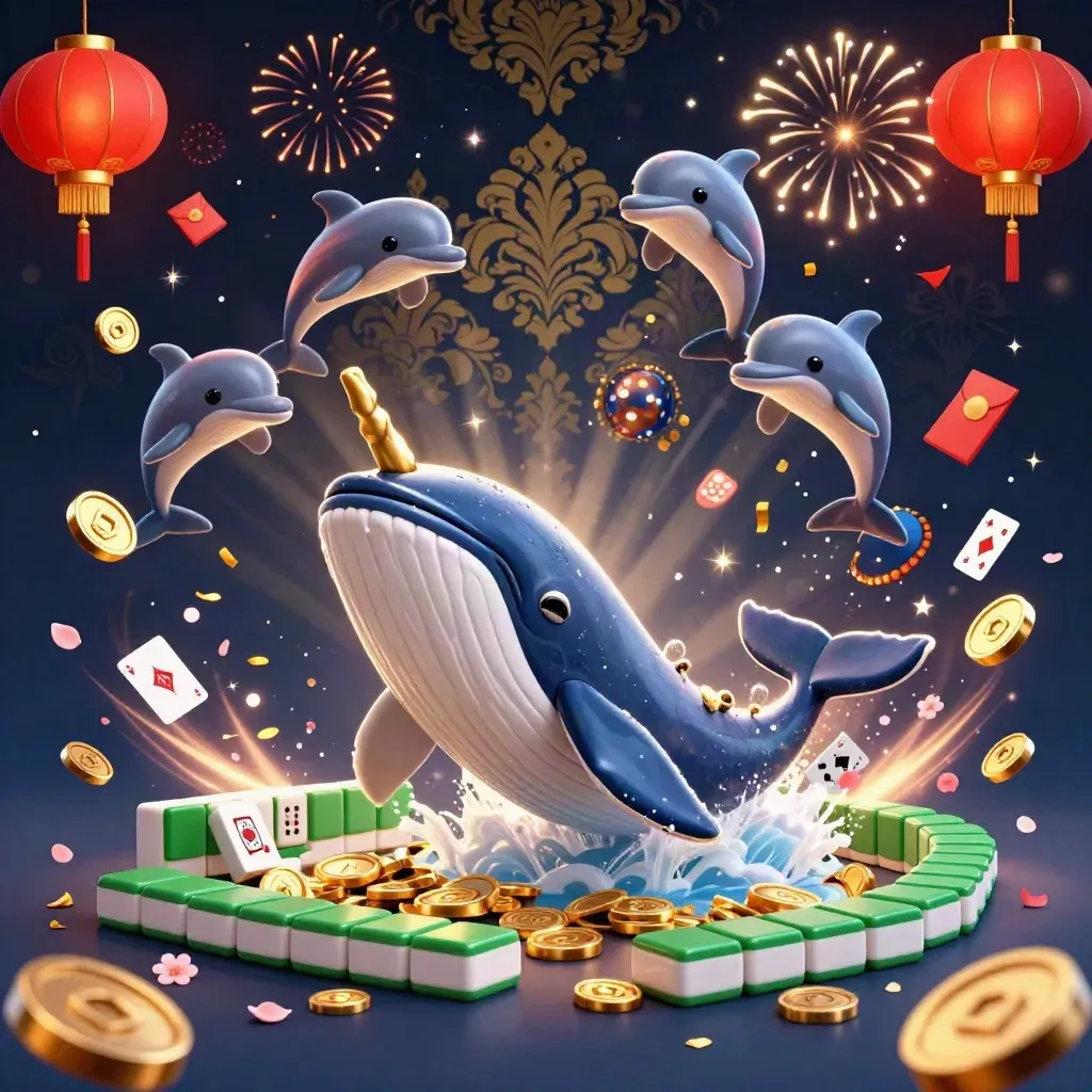 Whale captain, narwhal and dolphins burst from coins amid fireworks and casino symbols.