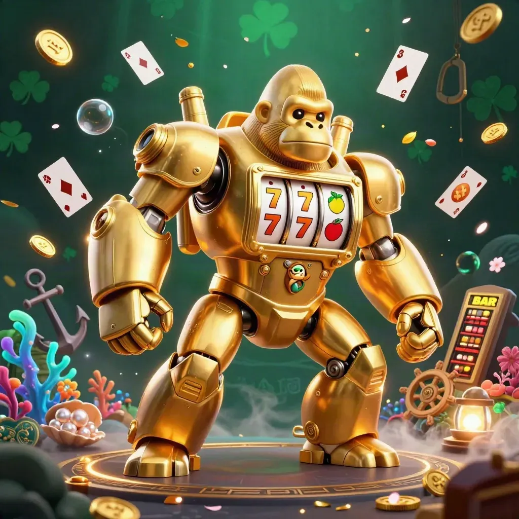 Golden gorilla slot-mech with tiny monkey pilot, treasure cove effects, and emerald glow