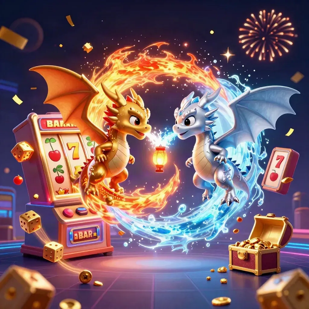 Twin gold and silver dragons with slot symbols, jackpot burst, and lantern spirit on a dark neon background