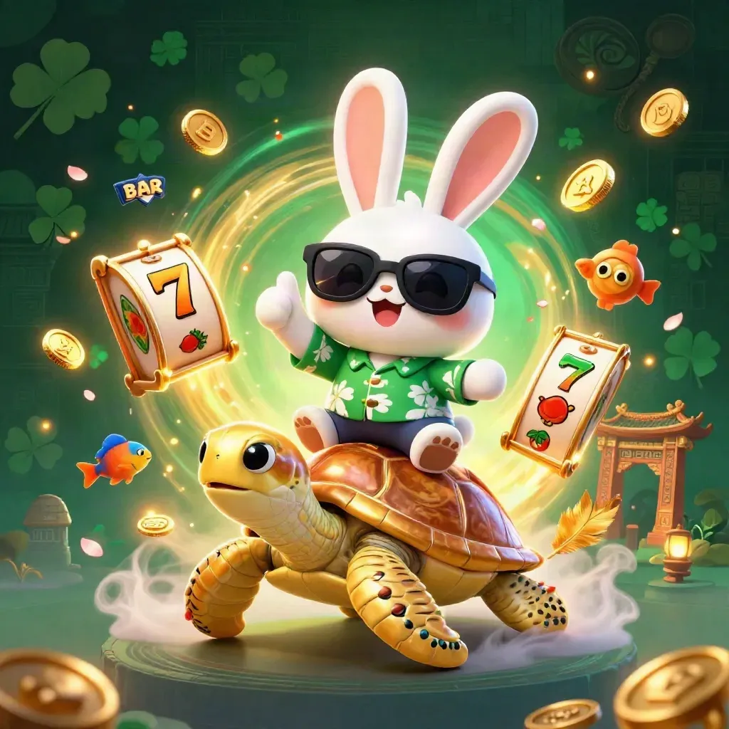 Lucky rabbit rides a jeweled gold turtle in a neon casino fantasy with coins, reels and temple gate.