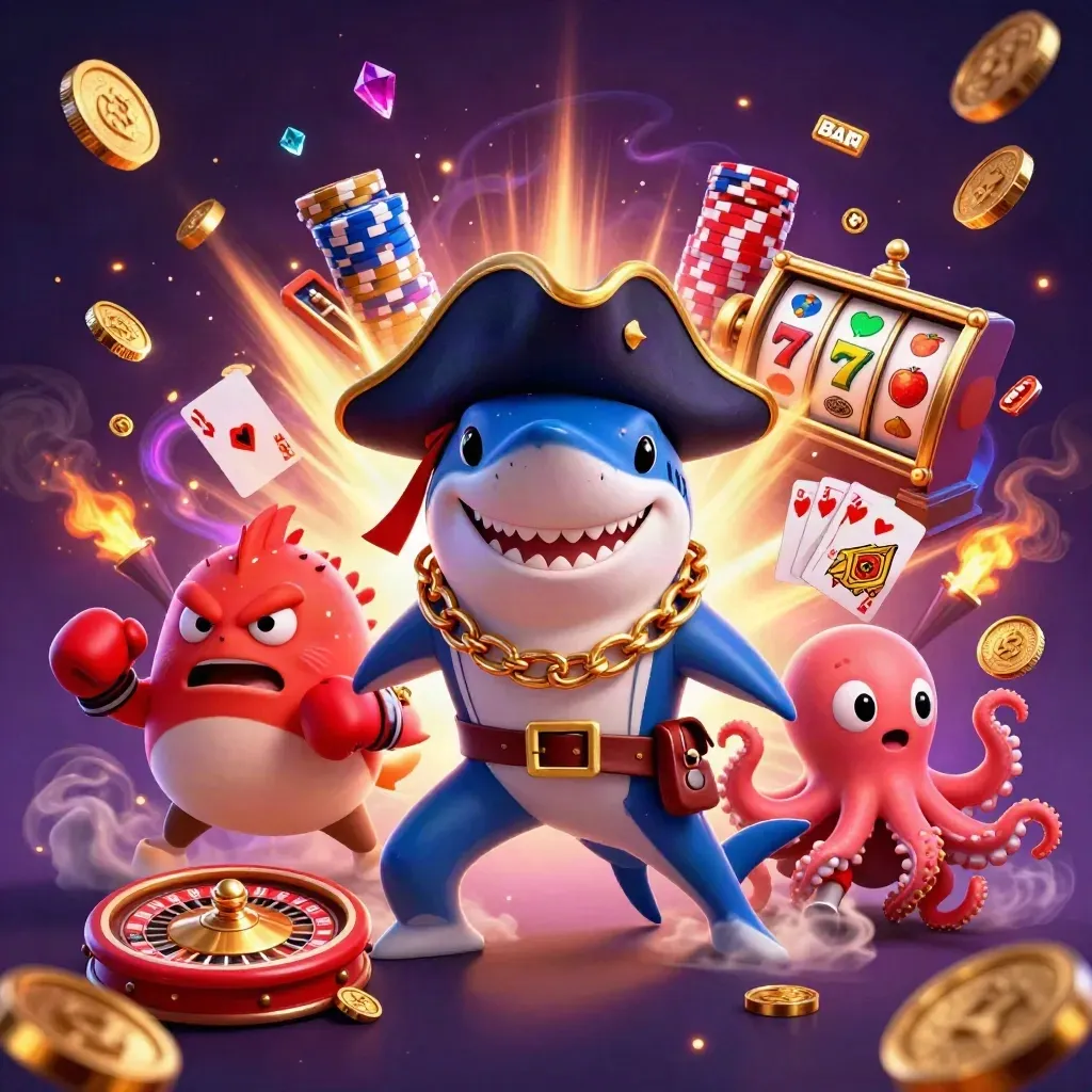 Shark pirate, pufferfish boxer, and baby octopus amid casino chaos, coins and reels flying