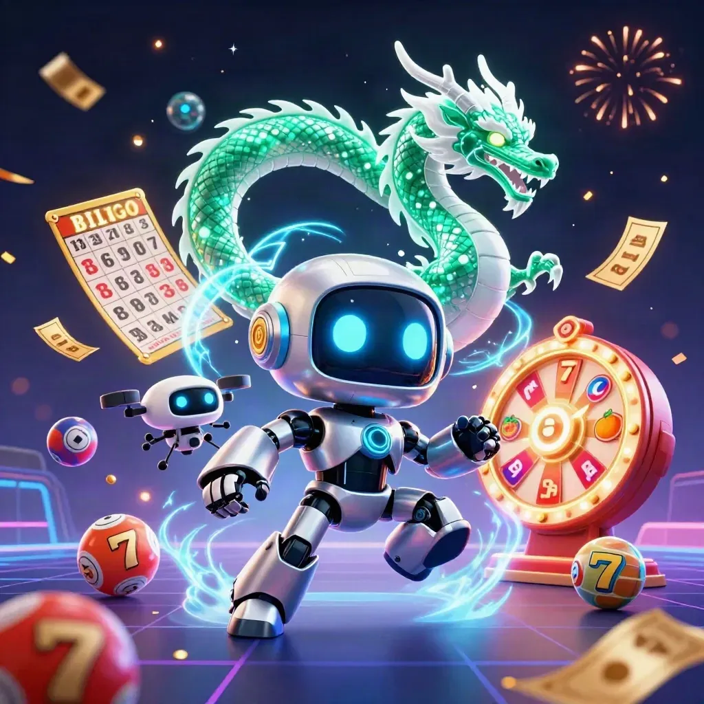 Chrome cyberpunk robot, holographic dragon and coin drone amid casino reels and glowing confetti.